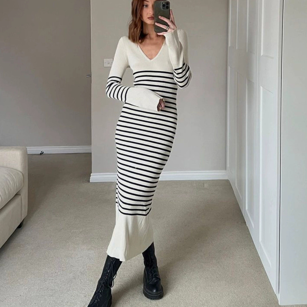 Zara Striped Knit Long Dress with Collar